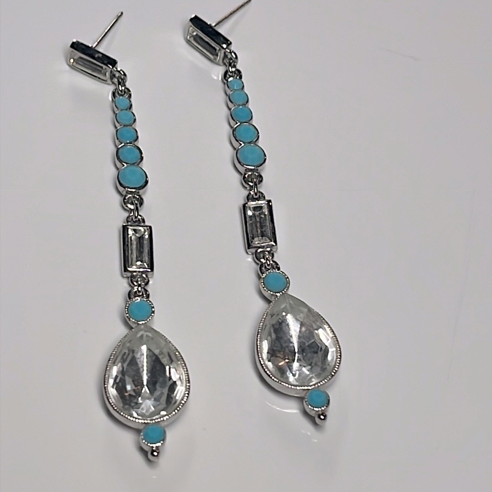 CRYSTAL DROP LONG EARRINGS WITH TURQUOISE BEADS
